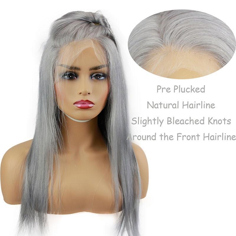 Long Silver Grey Human Hair 13x4x1 T Part Lace wig for Women Silky Straight 6inch Lace Front Wig for Sale