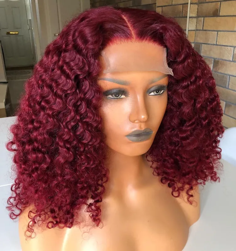 Burgundy Red Color Bob Short Curly Lace Front 99J Red  Curly Human Hair Wigs Preplucked Natural Hairline