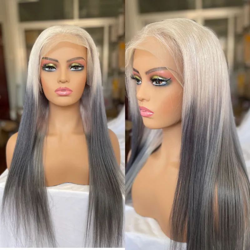 Ombre Grey Long Straight Wig Gray Human Hair with Baby Hair Lace Front Wig for Women