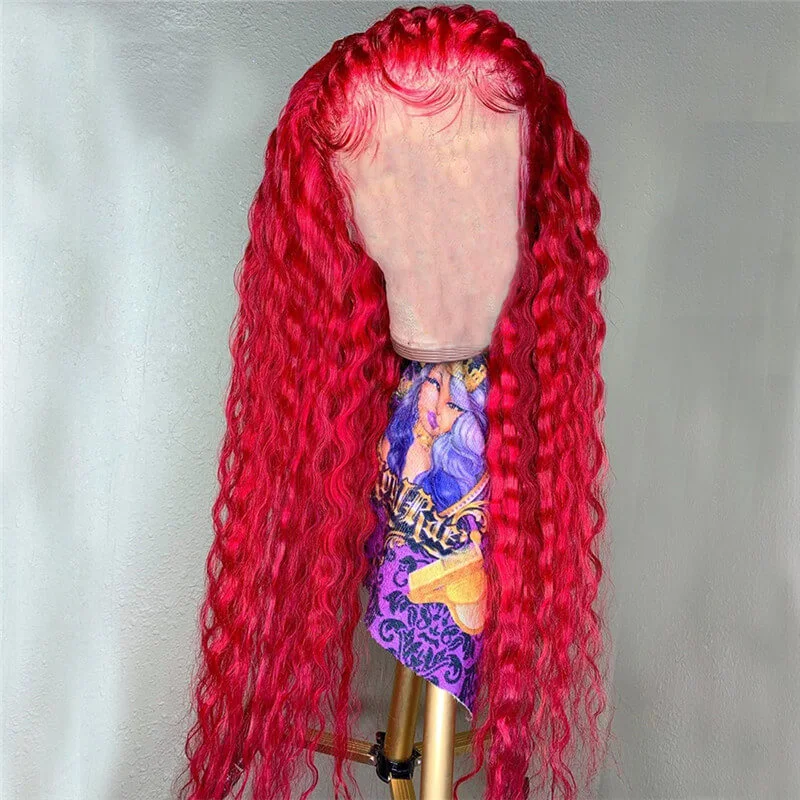 Bright Red Water Wave Curly 13x4 T Part LaceHuman Hair Wig Brazilian Virgin Deep Curly Lace Front Wig