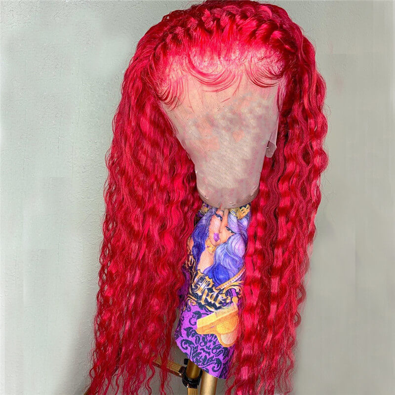 Bright Red Water Wave Curly 13x4 T Part LaceHuman Hair Wig Brazilian Virgin Deep Curly Lace Front Wig