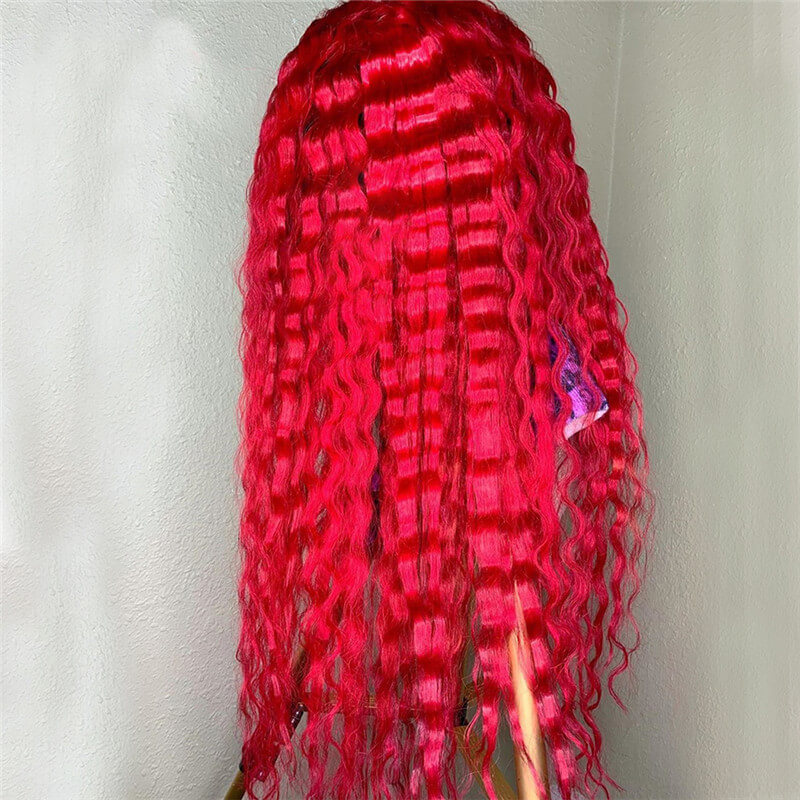 Bright Red Water Wave Curly 13x4 T Part LaceHuman Hair Wig Brazilian Virgin Deep Curly Lace Front Wig