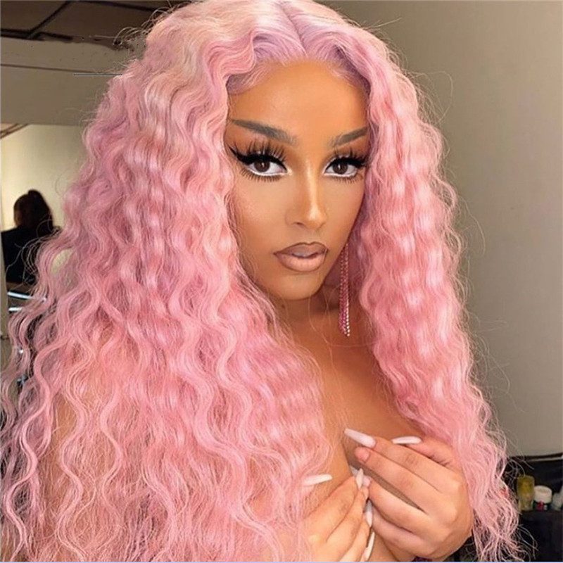 Pink Wave Curly Brazilian Wavy Human Hair Lace Front Wig Long Deep Curly Wigs For Women