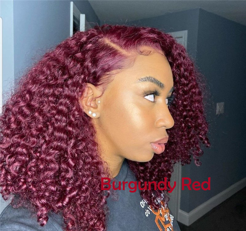 Burgundy Red Color Bob Short Curly Lace Front 99J Red  Curly Human Hair Wigs Preplucked Natural Hairline