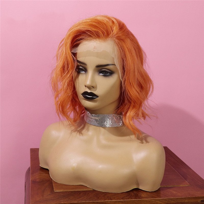 Orange Short Wavr Bob Curly Human Hair Wig Brazilian Pre Plucked Baby Hair Short Bob Lace Front Wigs