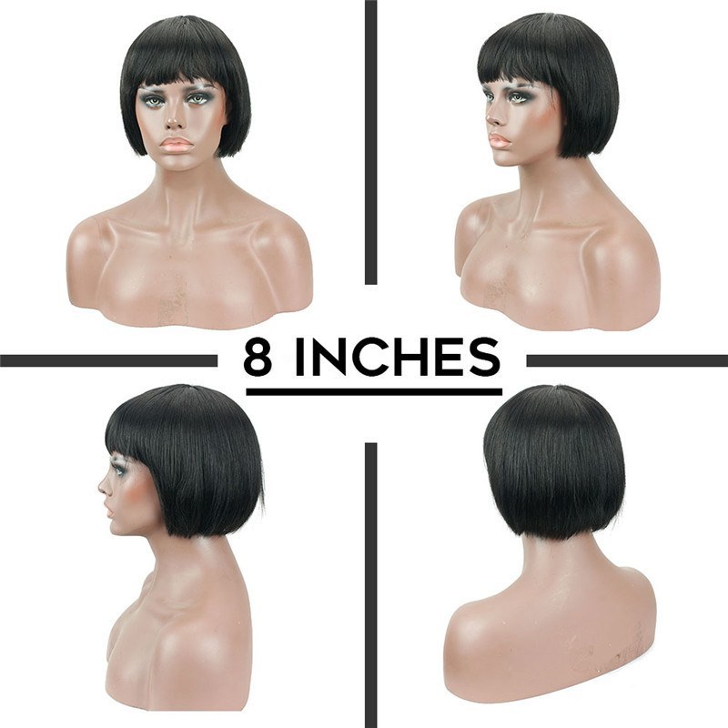 Short Bob Wigs Straight Brazilian None Lace Front Wigs With Bangs 130% Density Glueless Machine Made Wigs For Black Women(8-14Inches)