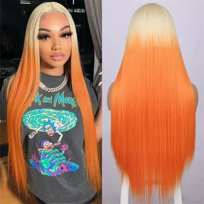 Real Human Hair Straight Ombre Blonde Orange Cosplay Human Virgin Hair Pre Plucked Lace Front Wig  For Black Woman