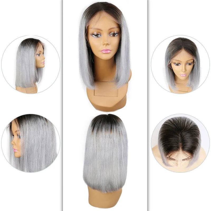 Short Straight Hair Black Ombre 1B T Gray  Lace Front Bob Wigs Brazilian Straight Human Remy Wigs