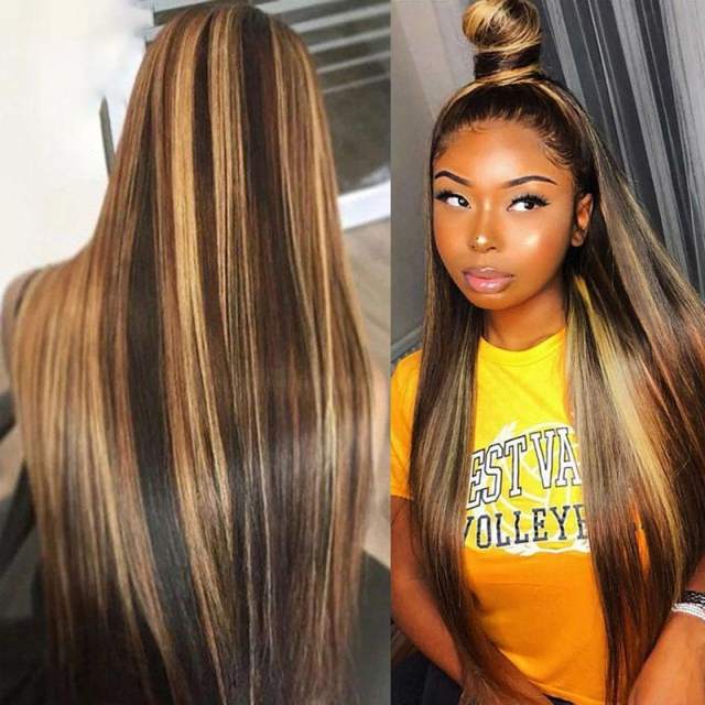 Ombre Highlight Human Hair Wigs For Women Straight Lace Front Wig Brown Honey Blonde Highlight Wig Brazilian Remy Lace Part Wig