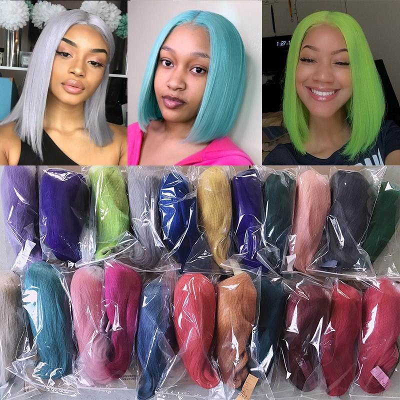 Grey Colored Human Hair Wigs For Women Blonde Bob Wig Remy Brazilian Straight Hair Pink Wig Transparent Lace Wigs Pre Plucked