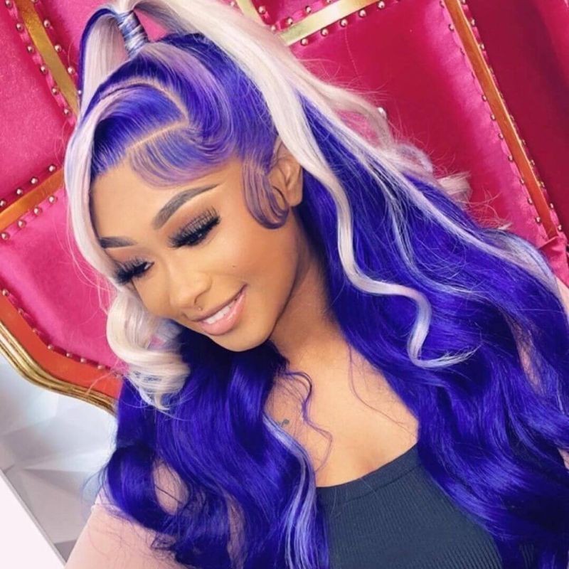 Blue With 613# Highlight Wigs Human Virgin Hair Pre Plucked Lace Front Wig  For Black Woman