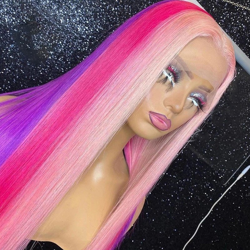 Purple Pink Highlight Wig Rainbow Colored Human Hair Wigs For Women Brazilian Remy Straight Lace Front Wig 13x4 Lace Front Wig