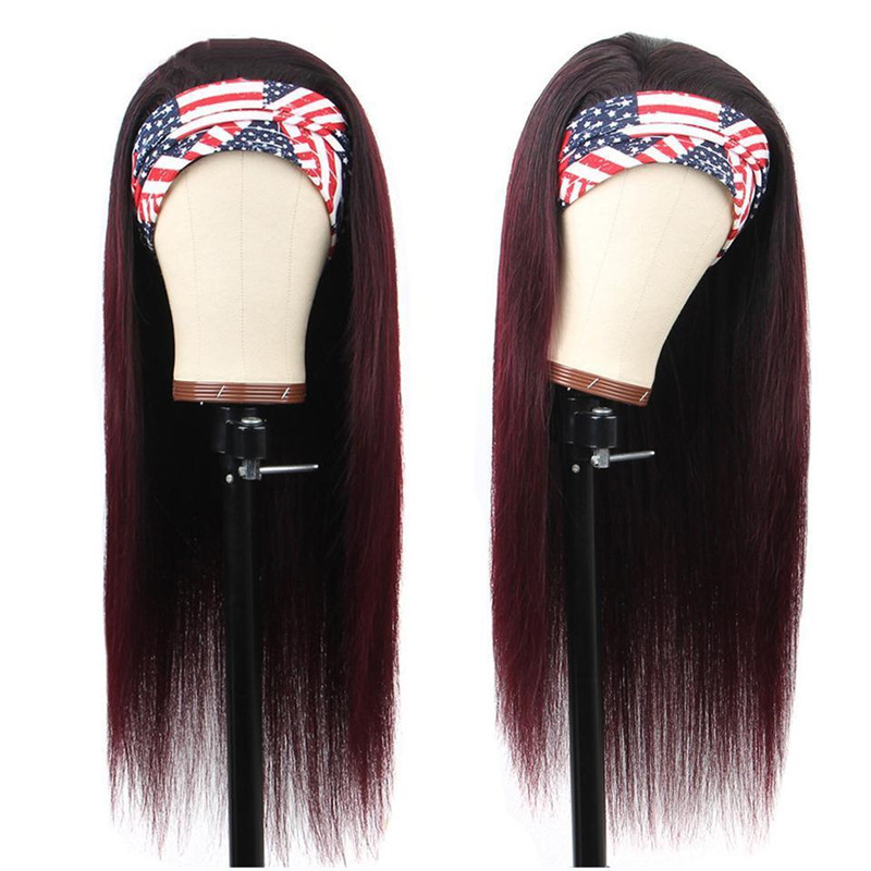 Ombre Straight Headband None Lace Human Hair Wigs Dark Burgundy T 1B/99J