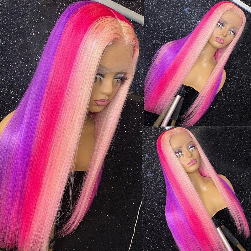 Purple Pink Highlight Wig Rainbow Colored Human Hair Wigs For Women Brazilian Remy Straight Lace Front Wig 13x4 Lace Front Wig