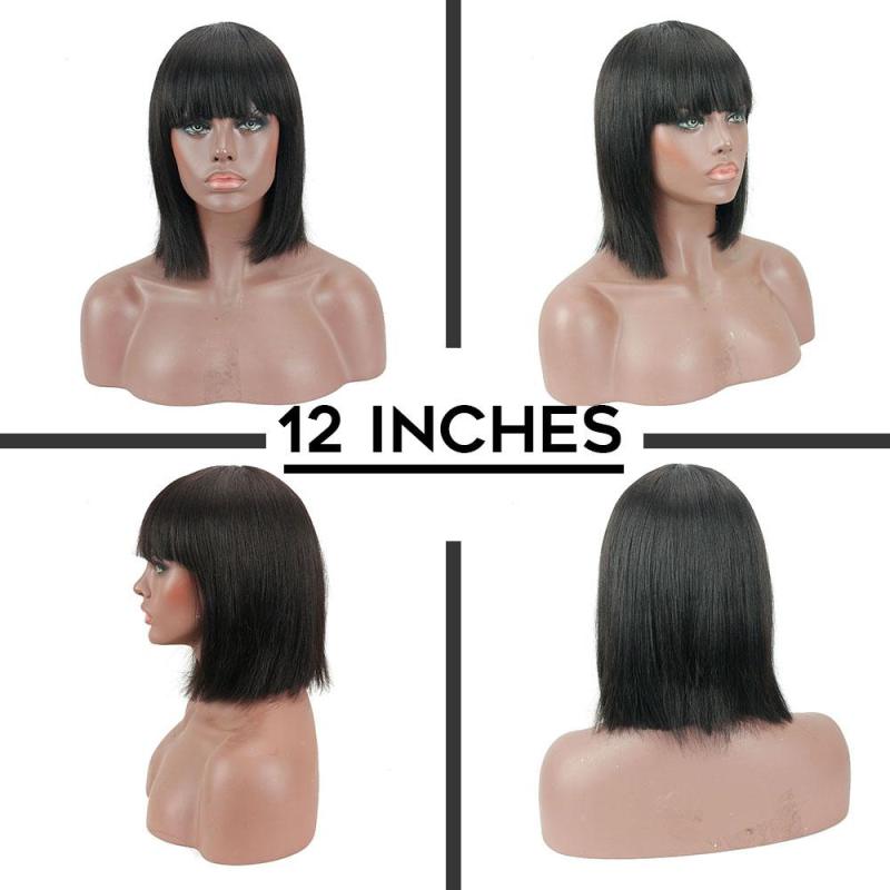 Short Bob Wigs Straight Brazilian None Lace Front Wigs With Bangs 130% Density Glueless Machine Made Wigs For Black Women(8-14Inches)