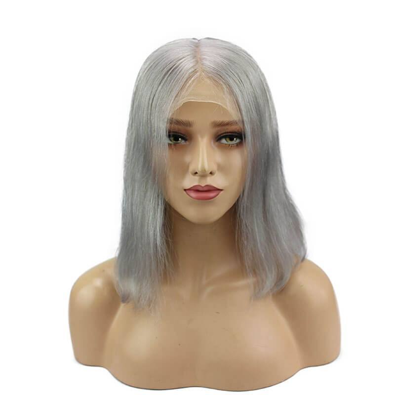 Silver Grey Short Real Human Hair Deep Part Bob Lace Front Wigs For Sale