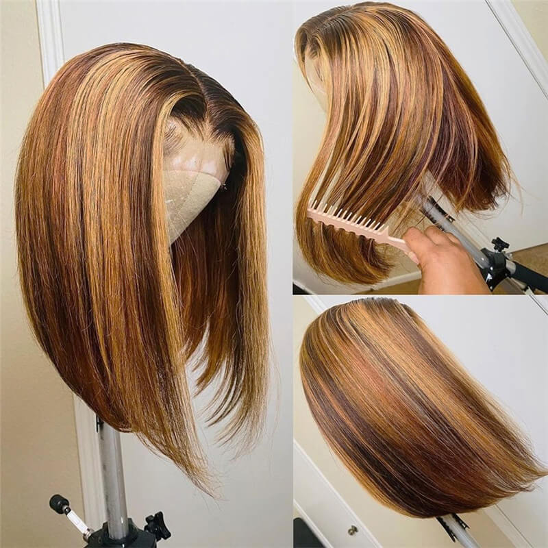 Highlight Bob Wig Honey Blonde 13x4 Lace Frontal Wigs T Part Remy Brazilian Straight Ombre Lace Front Human Hair Wigs