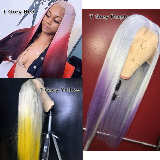 Ombre Grey Yellow Wig Brazilian Remy Straight Human Hair Wig Gray Purple Colored Human Hair Wigs For Women Transparent Lace Wigs