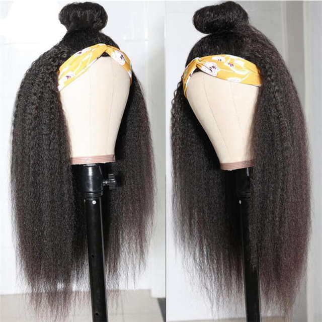 Headband Human Hair Wig Glueless Yaki Straight Machine Made Non-Lace Wigs