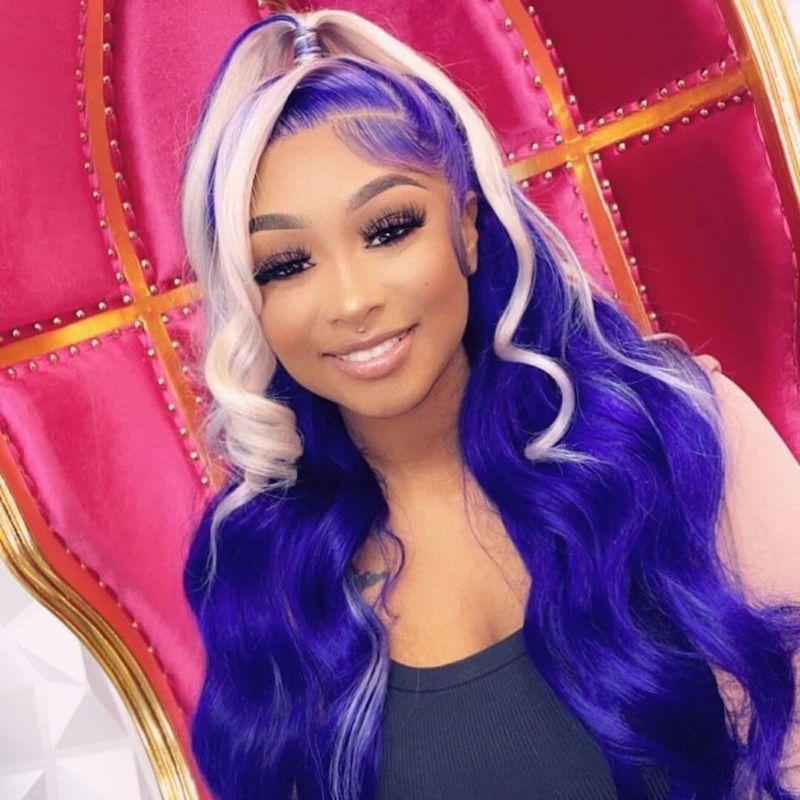 Blue With 613# Highlight Wigs Human Virgin Hair Pre Plucked Lace Front Wig  For Black Woman