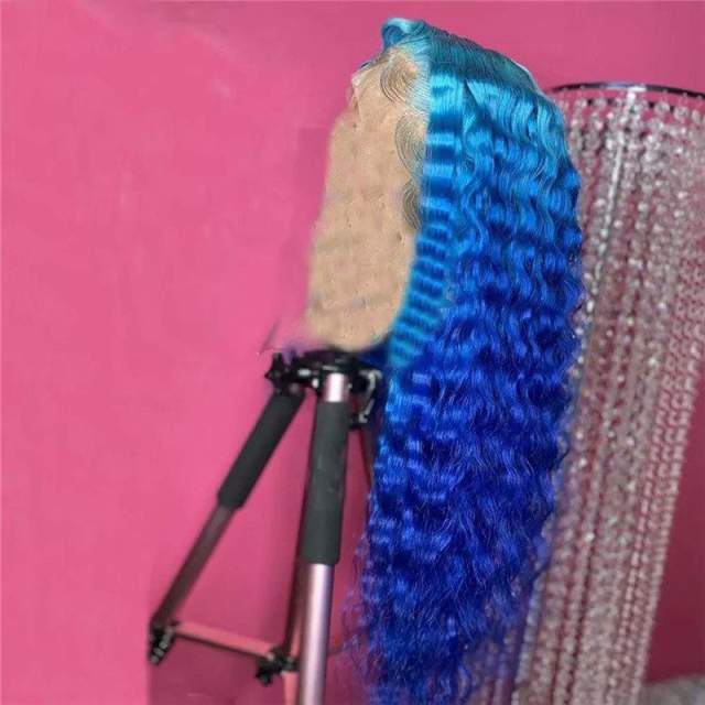Ombre Blue Wig Colored Human Hair Wigs For Women Deep Wave Frontal Wig Brazilian Remy Hair Transparent Lace Wigs