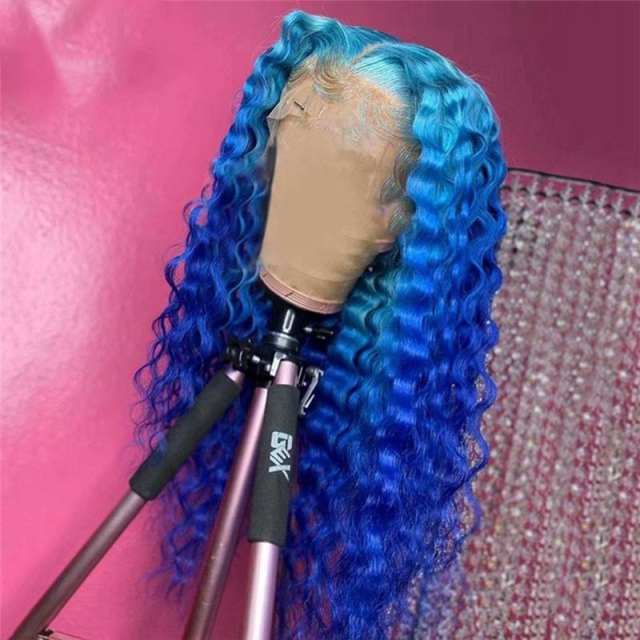 Ombre Blue Wig Colored Human Hair Wigs For Women Deep Wave Frontal Wig Brazilian Remy Hair Transparent Lace Wigs
