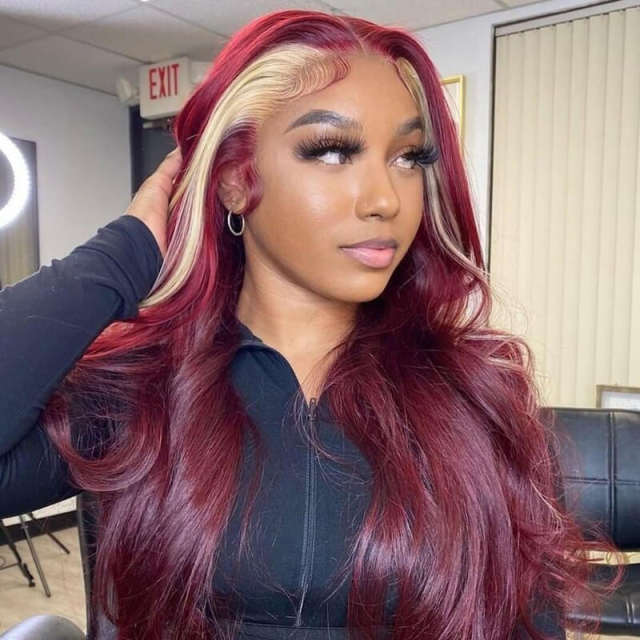 Red Wine & Blonde Skunk Stripe Color Wig- Body Wave & Straight Virgin Human Hair Lace Front Wig With Baby Hair