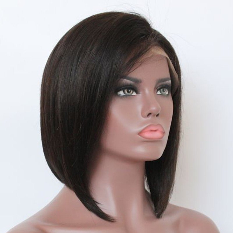 African Americ lace Front Wig Bob Layered Haircut Middle Part Kardashian style Brazilian Hair Straight Wig 130% Density with Baby Hair Natural Hairlin