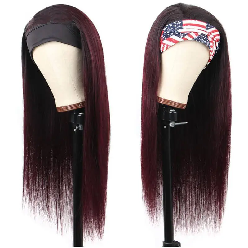 Ombre Straight Headband None Lace Human Hair Wigs Dark Burgundy T 1B/99J