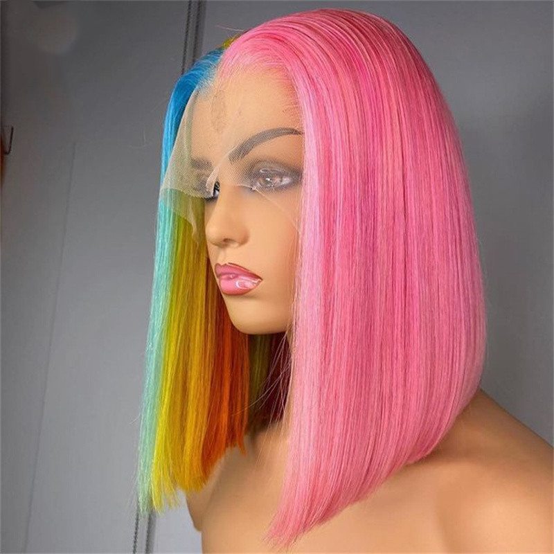 Blue Green Red Colored Rainbow Highlight Wig Human Hair Pre Plucked Pink Bob Wig Straight Lace Front Human Hair Wigs For Women