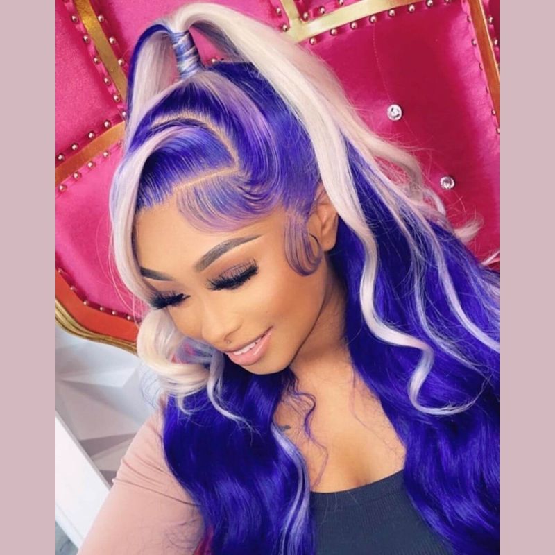 Blue With 613# Highlight Wigs Human Virgin Hair Pre Plucked Lace Front Wig  For Black Woman
