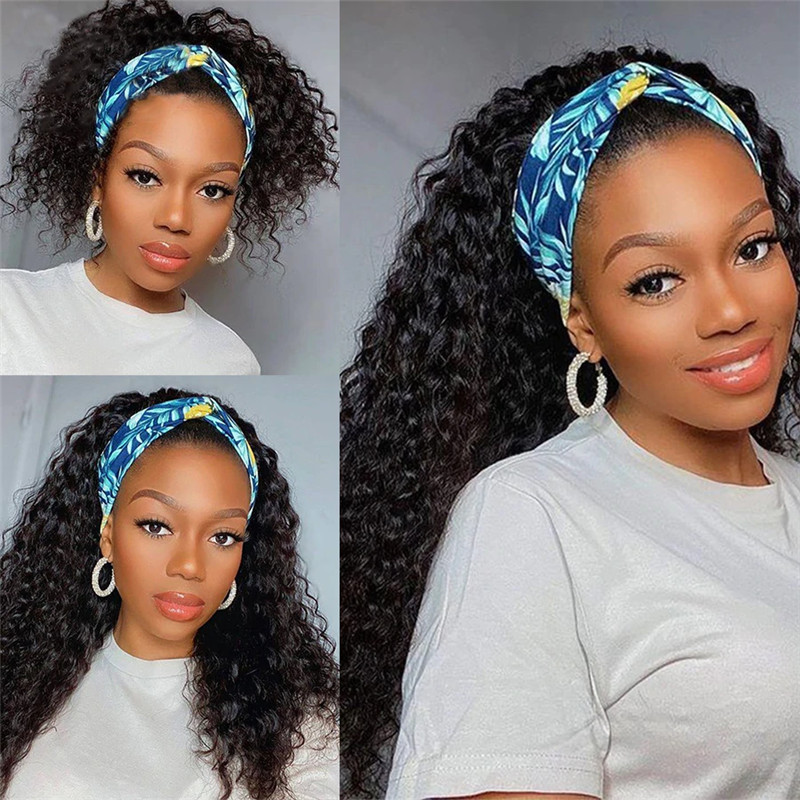 Deep Wave Headband Wig Natural Color Machine Made Non-Lace Wigs Headbands