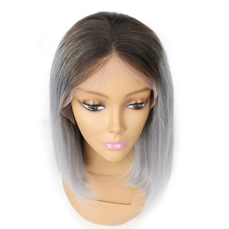 Short Straight Hair Black Ombre 1B T Gray  Lace Front Bob Wigs Brazilian Straight Human Remy Wigs