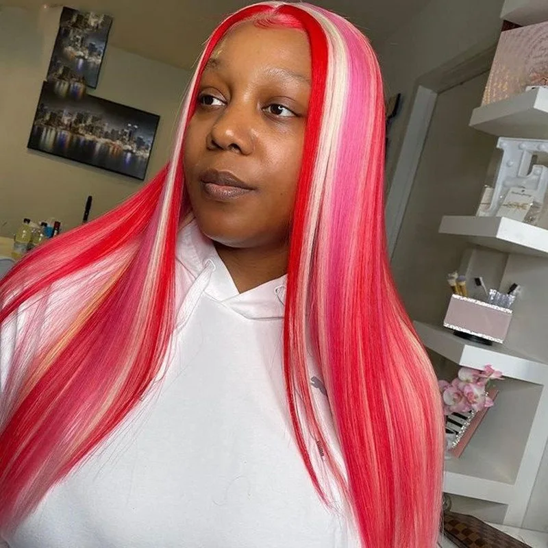 Pink Highlight Wig Human Hair Transparent Lace Wigs For Women 4x4 Closure Wig Brazilian Remy Straight Lace Front Wig Pre Plucked