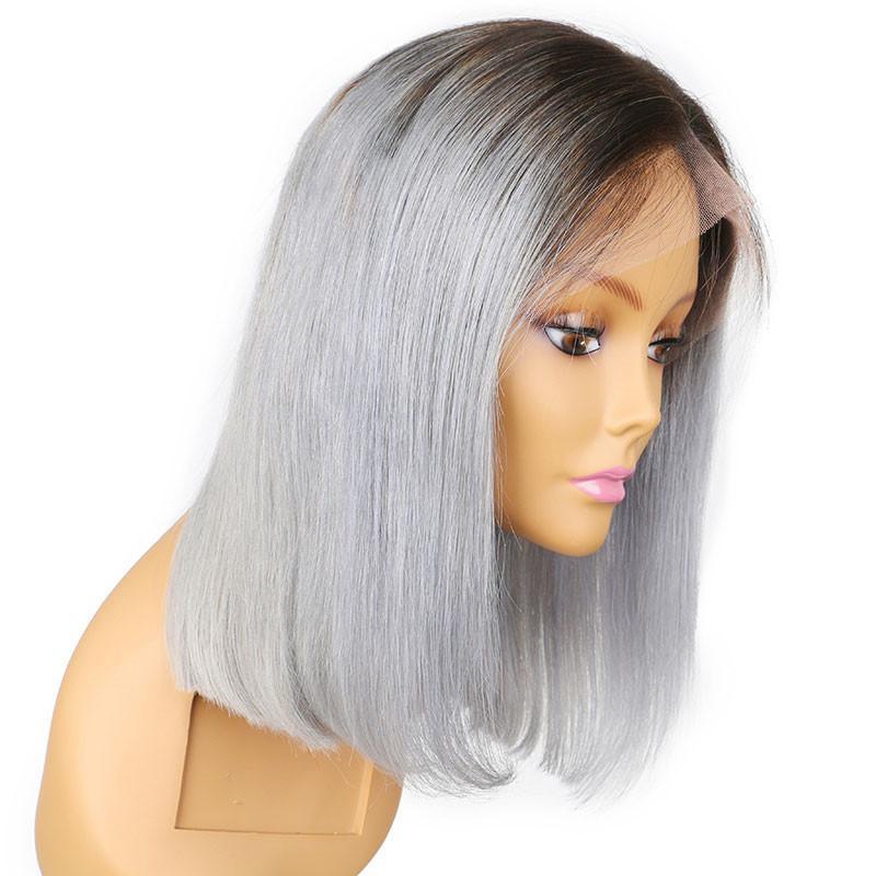 Short Straight Hair Black Ombre 1B T Gray  Lace Front Bob Wigs Brazilian Straight Human Remy Wigs