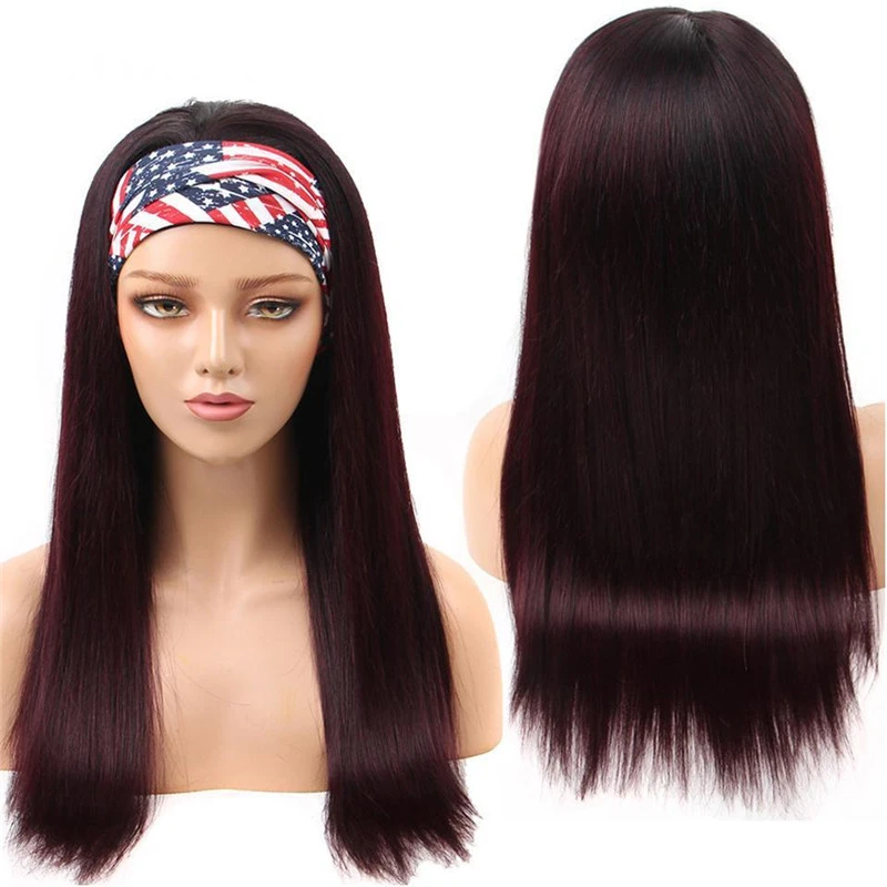 Ombre Straight Headband None Lace Human Hair Wigs Dark Burgundy T 1B/99J