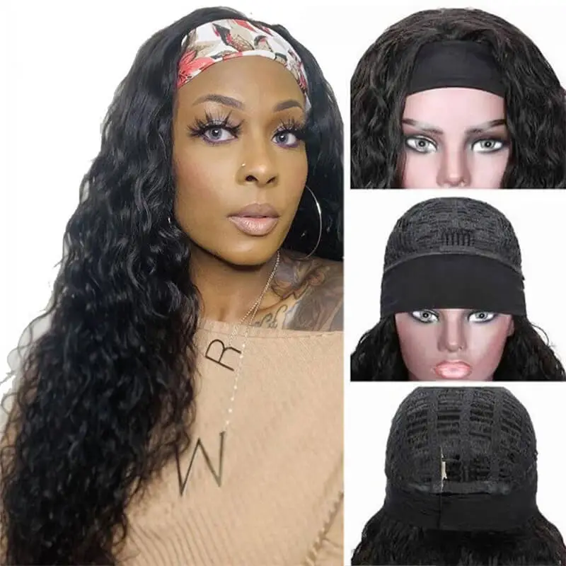 Loose Wave Human Hair Headband Wigs Machine Made Wig Natural Color None Lace