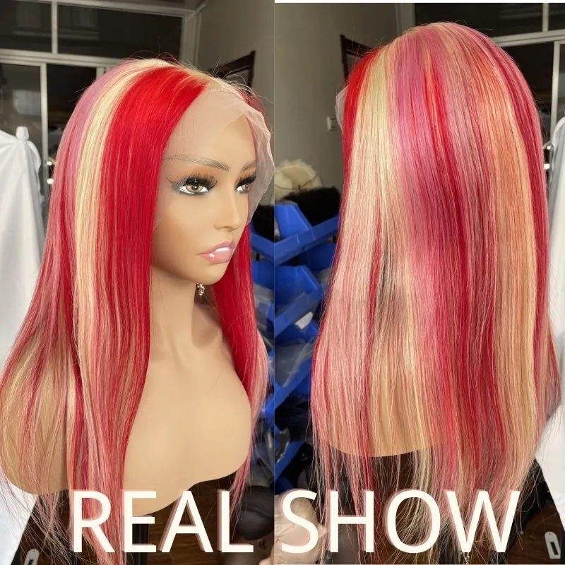 Pink Highlight Wig Human Hair Transparent Lace Wigs For Women 4x4 Closure Wig Brazilian Remy Straight Lace Front Wig Pre Plucked