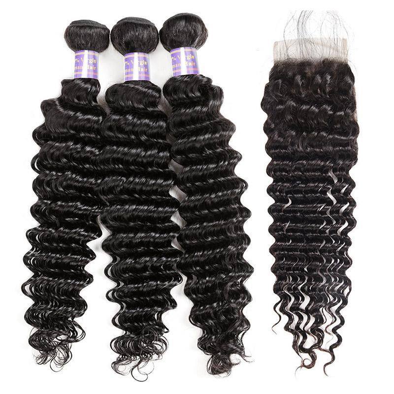 Eseewigs Brazilian Deep Wave 3 Bundles with 4*4 Lace Closure Virgin Hair