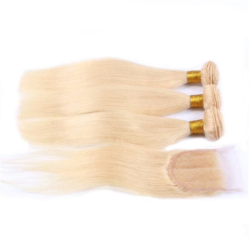 #613 Blonde 4x4 Lace closure With 3 Bundles Brazilian Straight Virgin Human Hair 4Pcs Lot