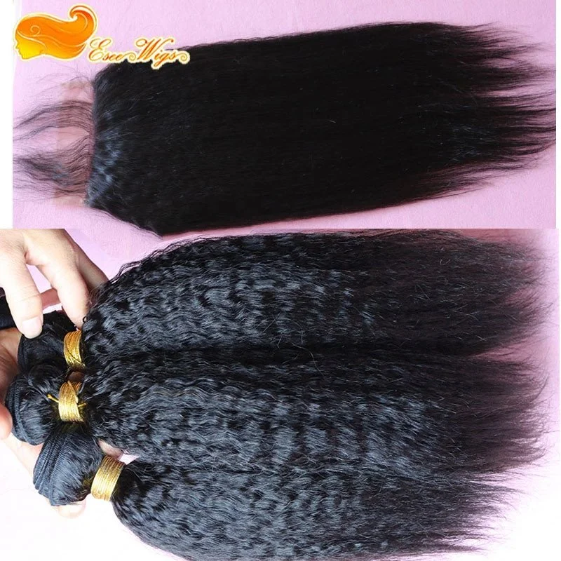 Kinky Straight 3 Bundles With 5x5 Lace Closure Brazalian Virdin Human Hair