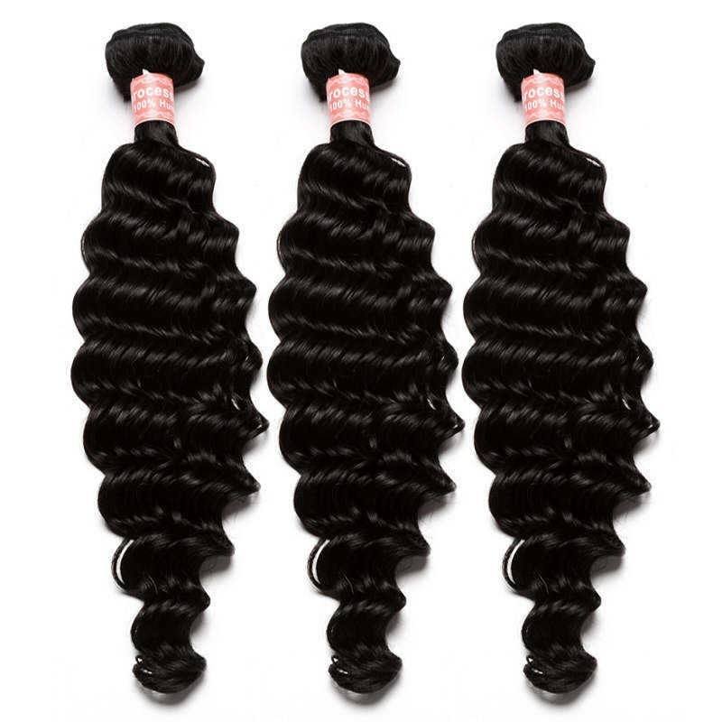 Brazilian Hair Weave 3 Bundles with Free Part Lace Closure Deep Wave Natural Color