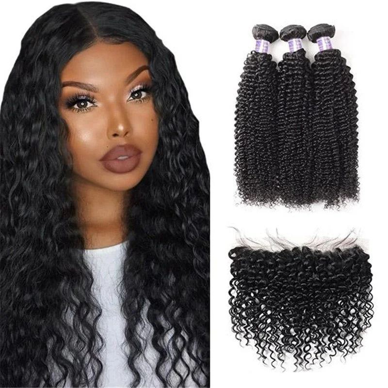 Brazilian Curly Wave 3 Bundles with 13*4 Lace Frontal Closure Human Hair