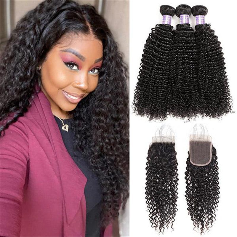 Malaysian Kinky Curly 3 Bundles with Lace Closure Virgin Human Hair