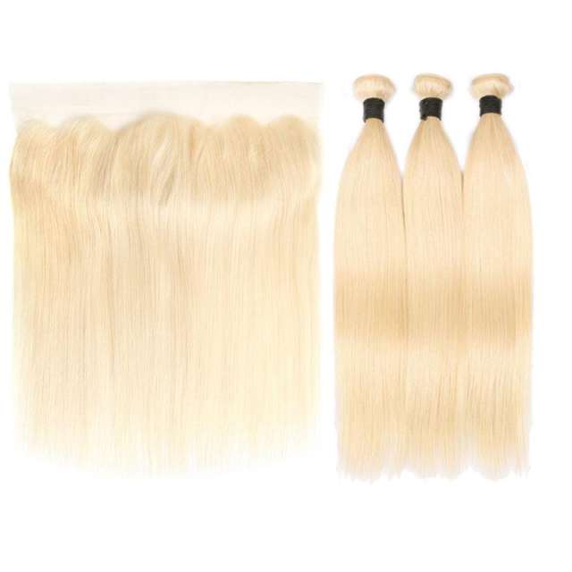 613 Honey Blonde Brazilian Silky Straight Virgin Human Hair 3 Bundles with Lace Closure Blonde Bundles with Closure