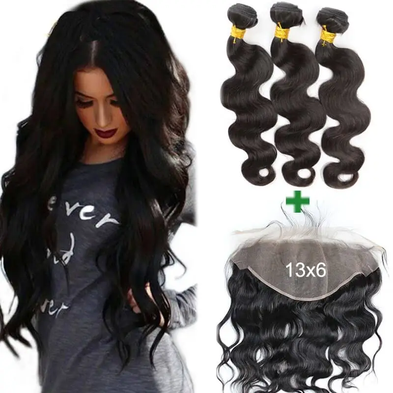 13X6 Ear To Ear Lace Frontal Closure Brazilian Body Wave 3 Bundles Human Hair Pre Plucked