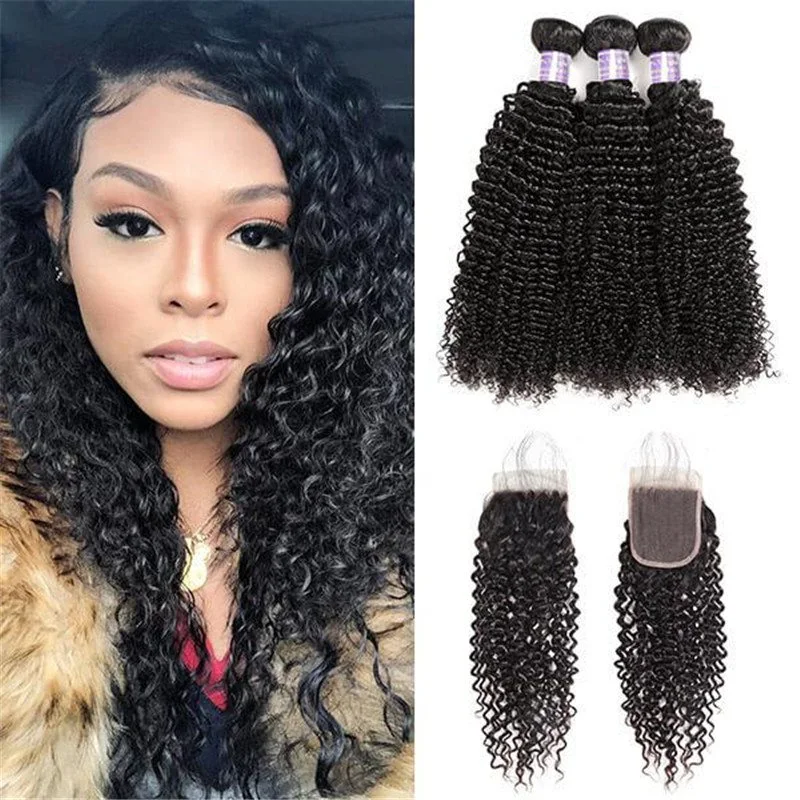 Peruvian Curly Wave 3 Bundles with 4*4 Lace Closure Virgin Hair