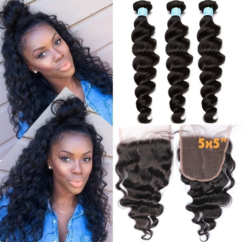 Brazilian Hair Weave Bundles With Closure 5x5 Loose Wave With Closure 3 Bundles Hair Products With Closure Bundle