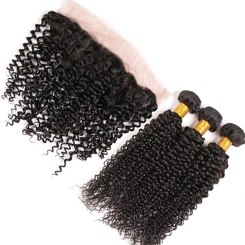 Kinky Curly Remy Hair 3 Bundle Deals With Lace Frontals