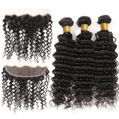 100 Human Hair Bundles With 13X4 Deep Wave Lace Frontal Closure